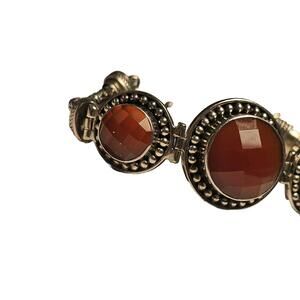 Carnelian 3 Stone Red 925 Silver Bracelet Etched Signed Hamdmade VTG Indonesia